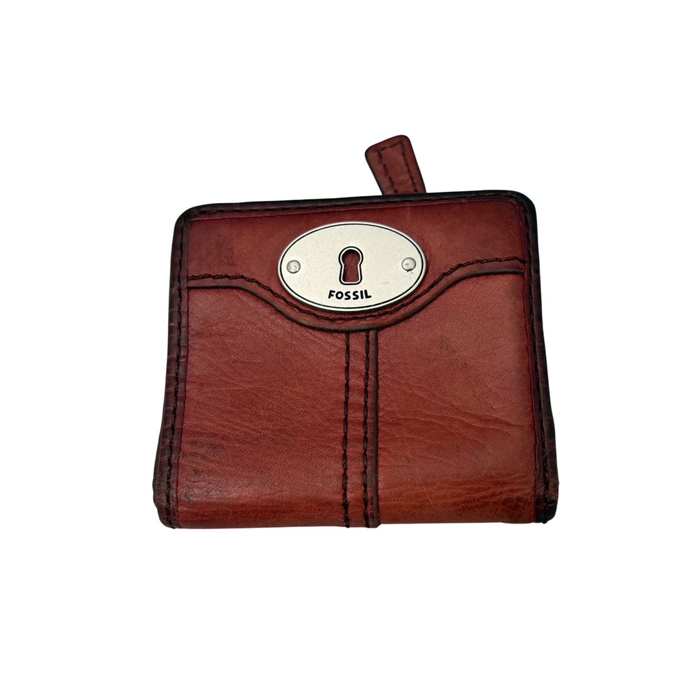 Fossil Red Leather Bifold Wallet Keyhole Logo Plate Zip Coin Pocket Small
